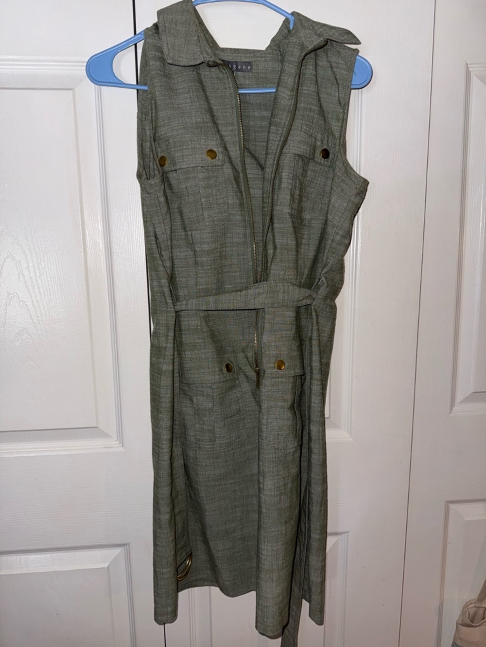 Sharagano Olive Green Utility Jacket Dress with Zip and Button Details